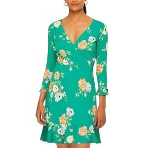 LOFT Garden Floral Green Faux Wrap V Neckline Mini Dress Size 6